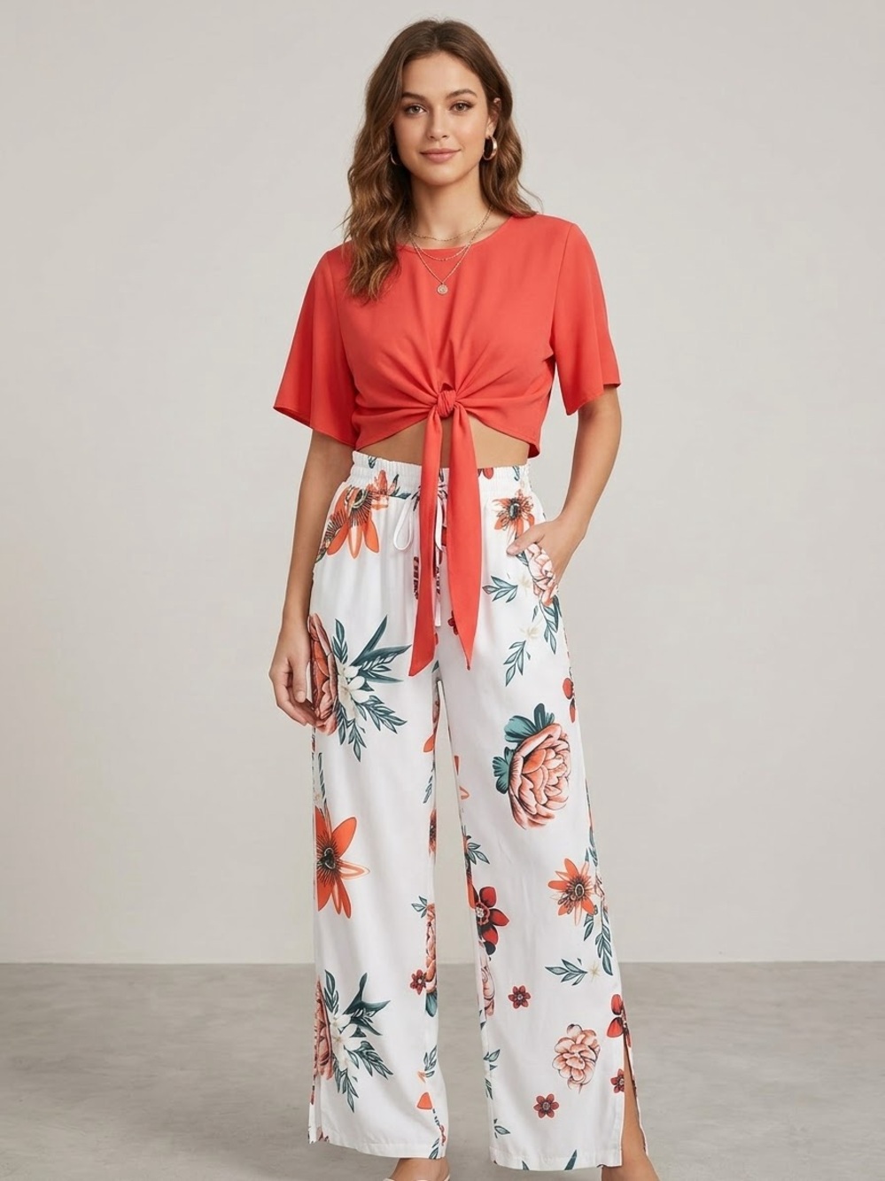 SHEIN Coral Tie-Front Crop Top with White Floral Wide-Leg Pants Set